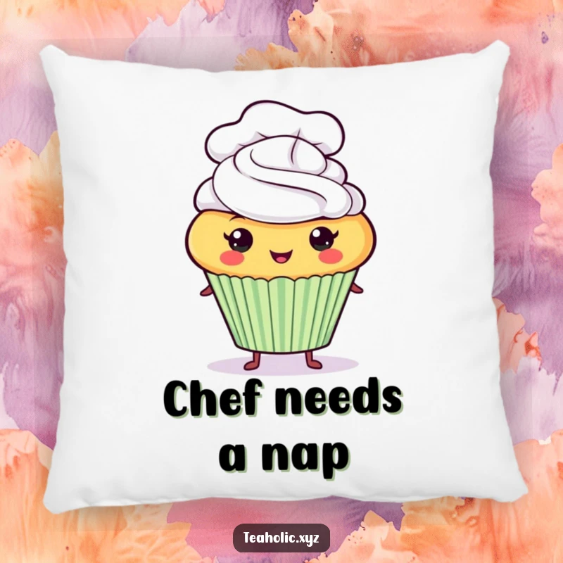 Funny proud cupcake character wearing a tiny chef hat on a soft and comfortable pillow.