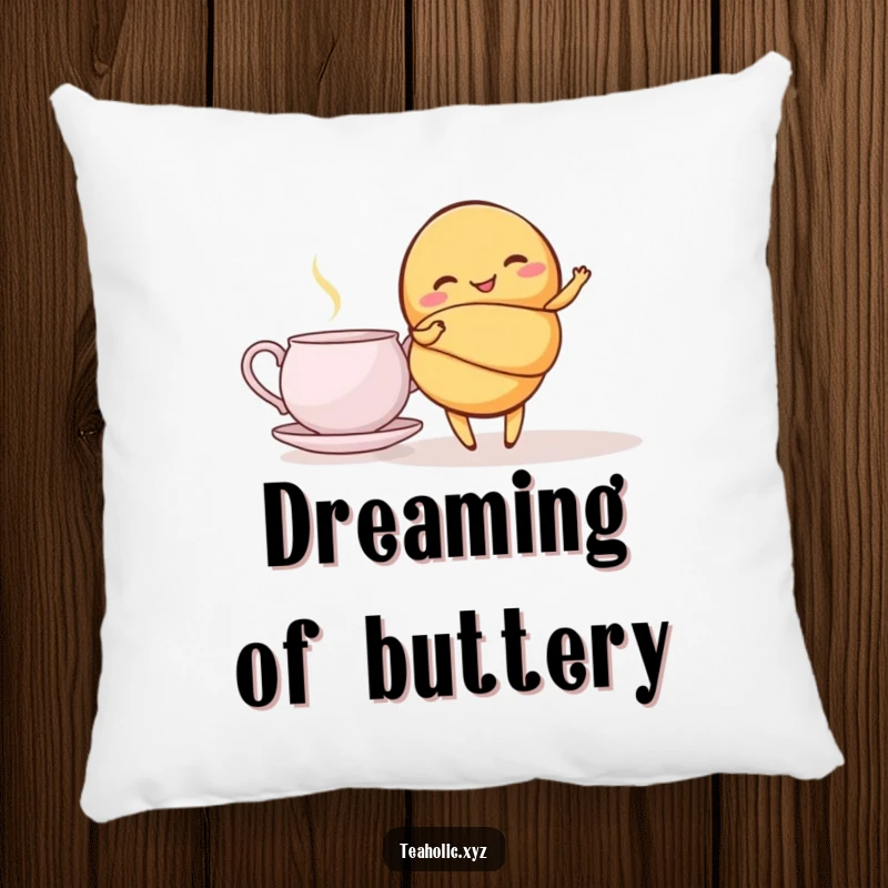 Funny croissant pillow featuring a giggling croissant doing a graceful twirl beside a teapot, a soft and humorous decorative accent.