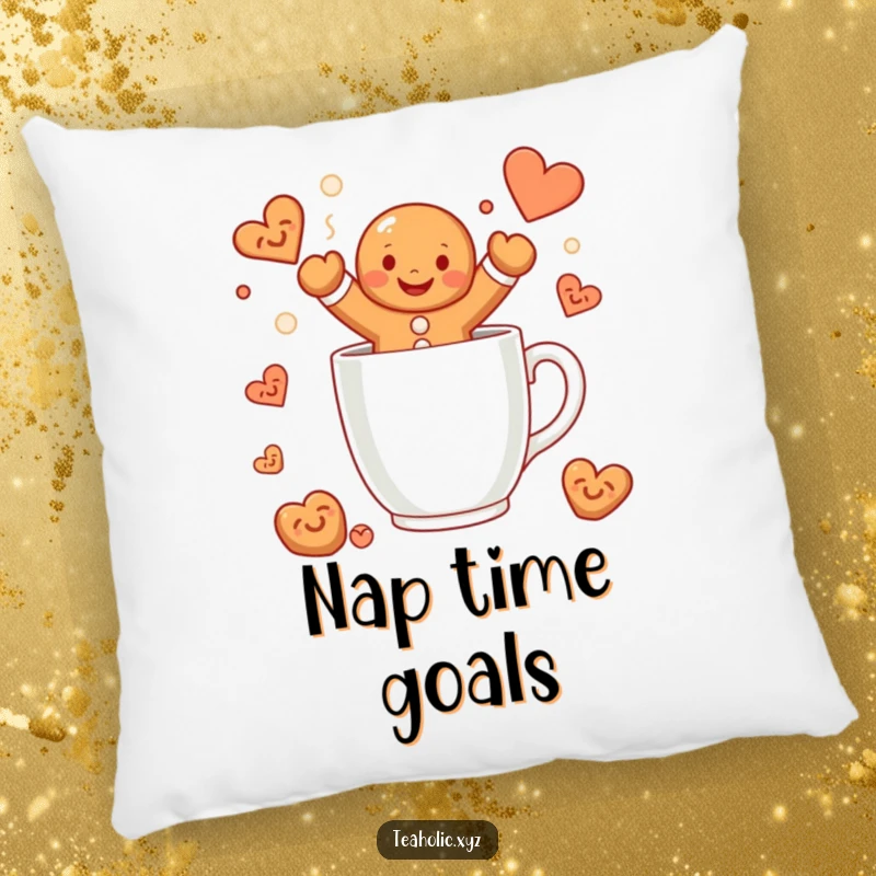Funny gingerbread man pillow featuring a smiling character jumping into a steaming mug, a soft and humorous holiday decoration.