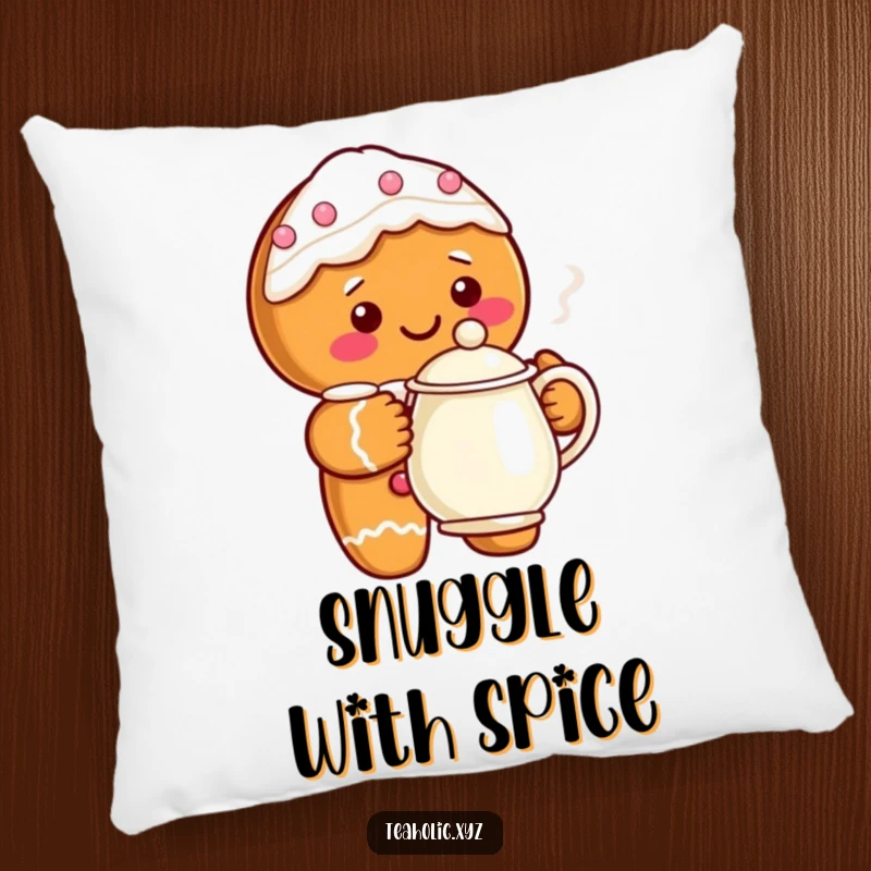 Funny gingerbread character holding a steaming teapot, depicted on a soft, decorative pillow for holiday comfort.