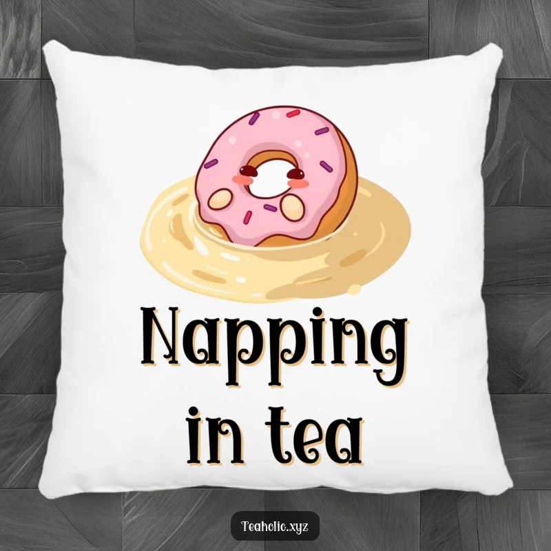 Funny donut pillow featuring a happy donut rolling with pleasure in a pool of tea, a soft and humorous decorative accent.