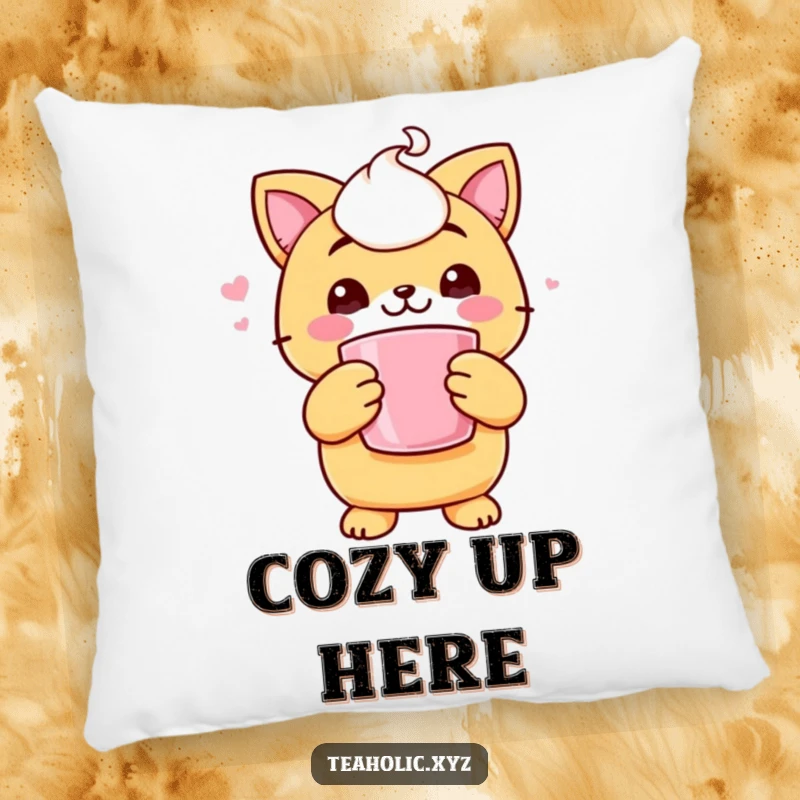 Funny pillow featuring a cheerful scone character holding a steaming mug with both paws, looking cozy and content.