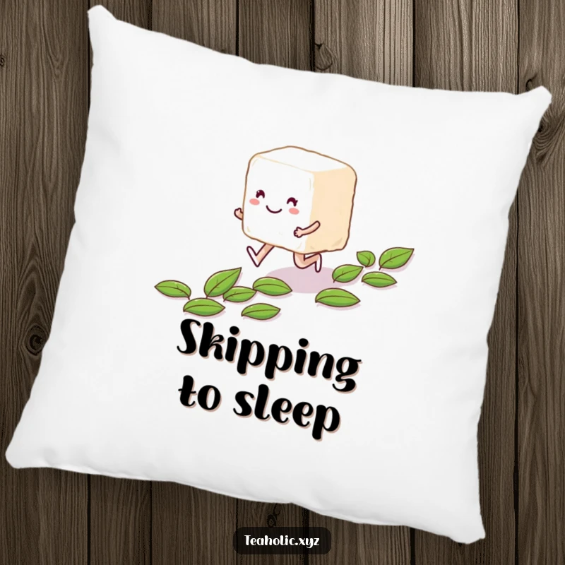 Funny smiling sugar cube character skipping along a path of tea leaves on a soft and cozy pillow.