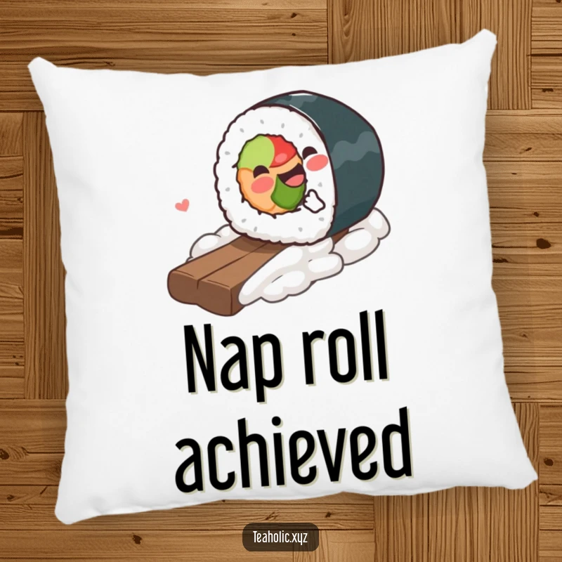 Funny Pillow depicting a happy sushi piece gleefully rolling downhill, adding a touch of quirky comfort and humor to any space.