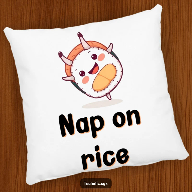 Funny pillow featuring a happy sushi roll caught mid-somersault, offering a cozy and humorous touch to any seating area.
