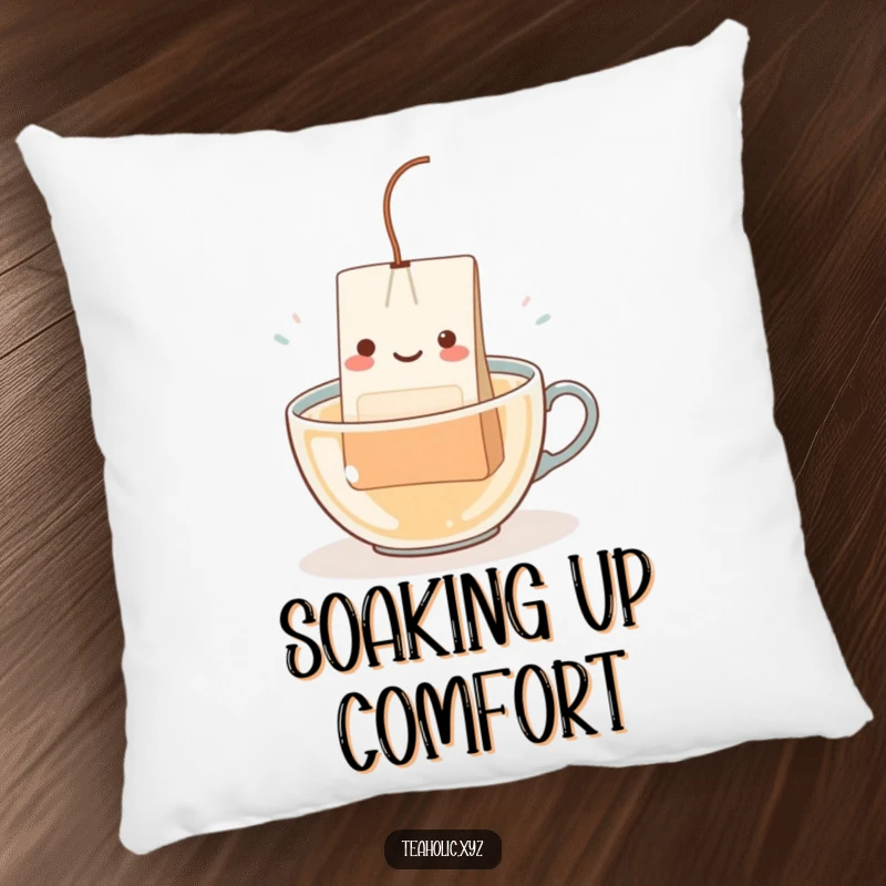 Funny Teabag Character Pillow: A soft pillow featuring a happy teabag with a dangling string dipping into hot water.