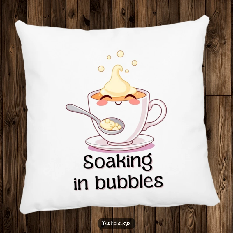 Plush smiling teacup character, gently overflowing with shimmering bubbles, perfect for cozying up.