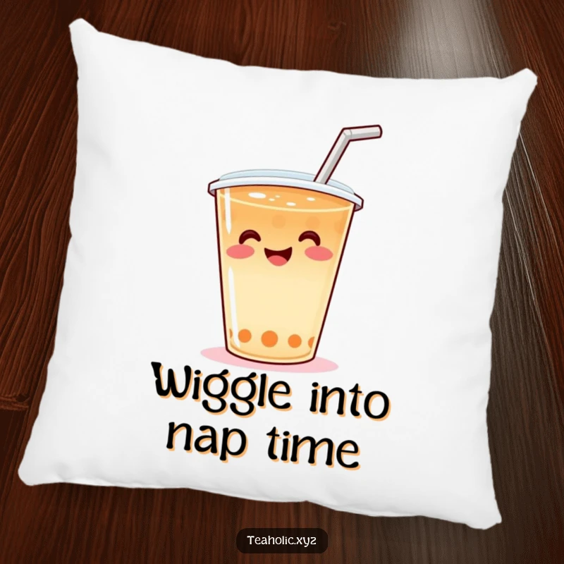 Funny Pillow featuring a cute, smiling tea cup with a straw, depicted in a joyous wiggle, perfect for cozy, humorous decor.