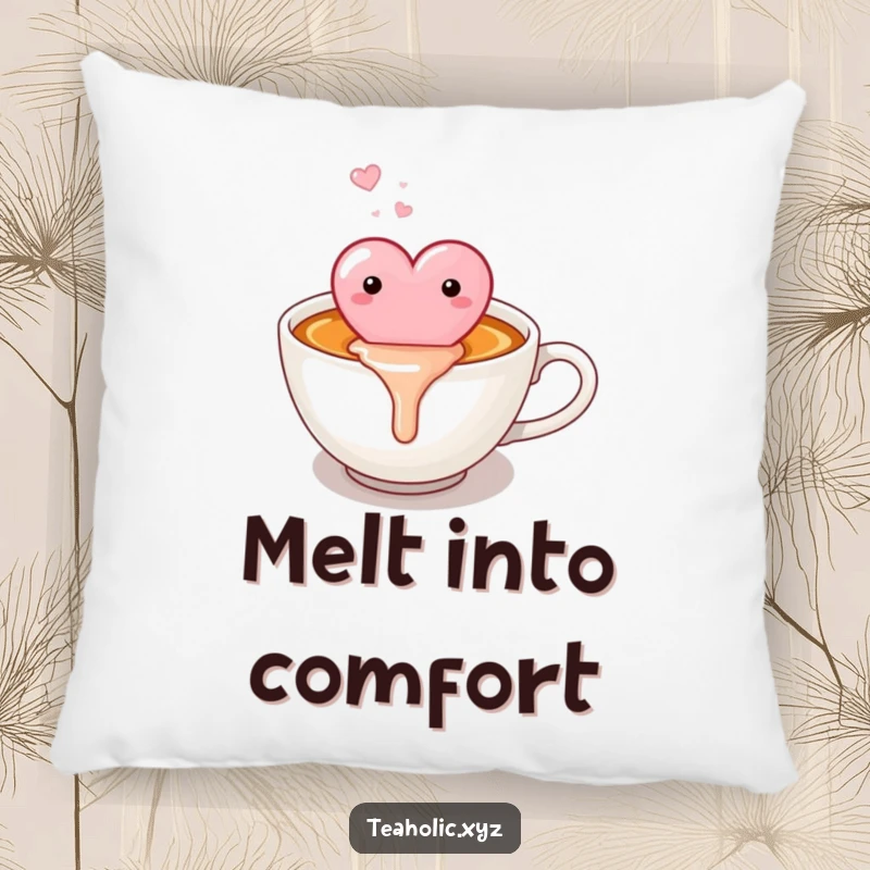 Funny candy heart happily melting into a warm cup of tea, designed for a soft and humorous decorative pillow.