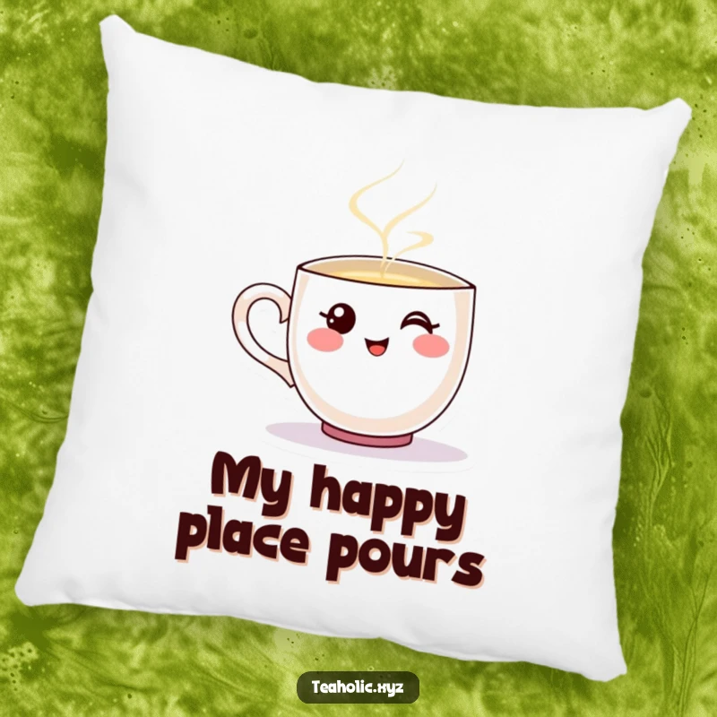 Funny pillow displaying a smiling teacup character happily pouring a stream of steaming liquid.