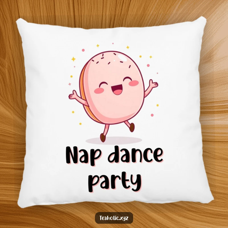 Funny macaroon pillow with a delighted pastry doing a happy dance and sprinkles, a soft and humorous cushion.