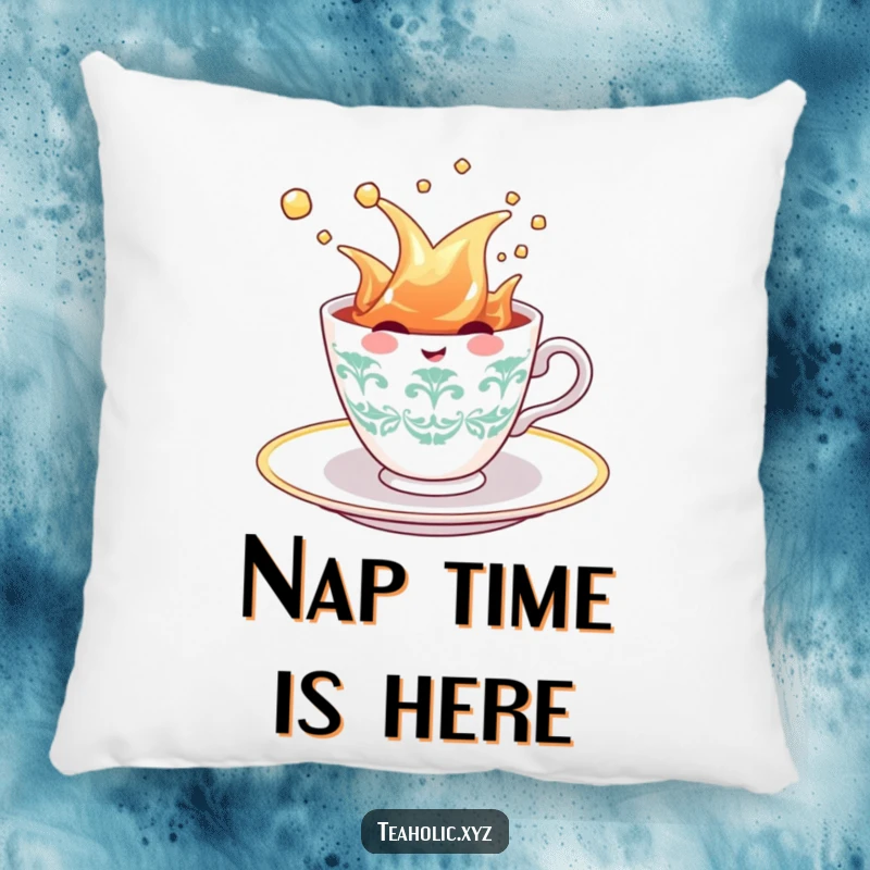 Funny Teacup Pillow: A happy teacup character splashing joyfully in a tea saucer, offering comfort and a touch of humor for any cozy space.