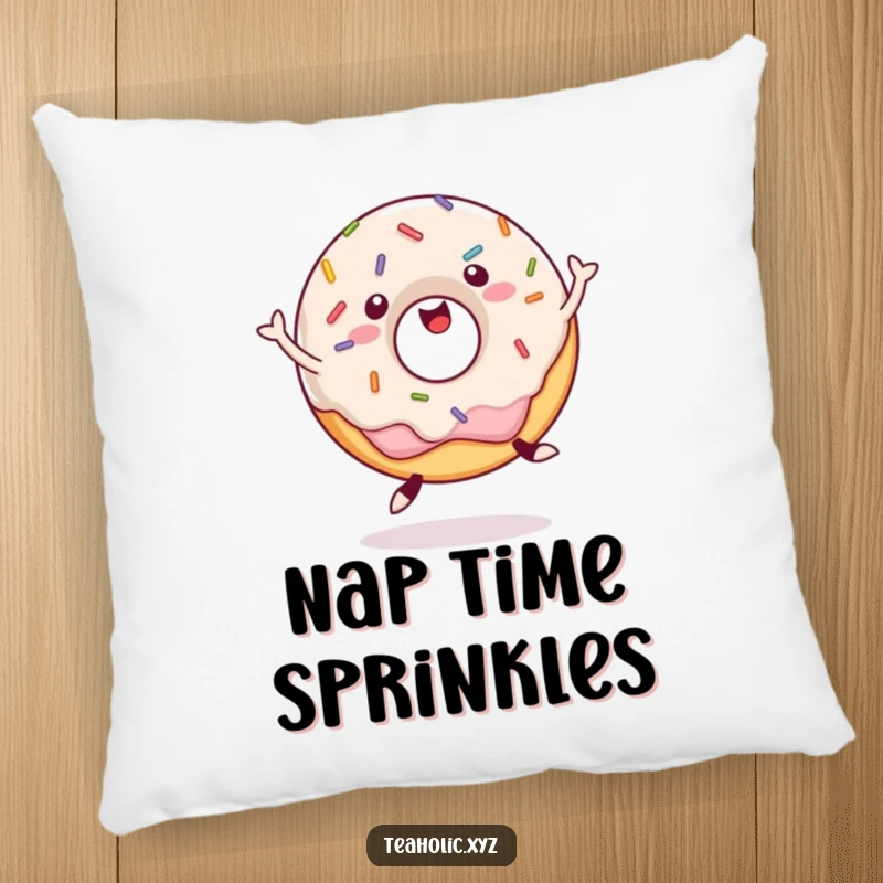 Funny Pillow showcasing a happy donut with sprinkles, captured in a joyful jump, perfect for adding whimsical comfort.