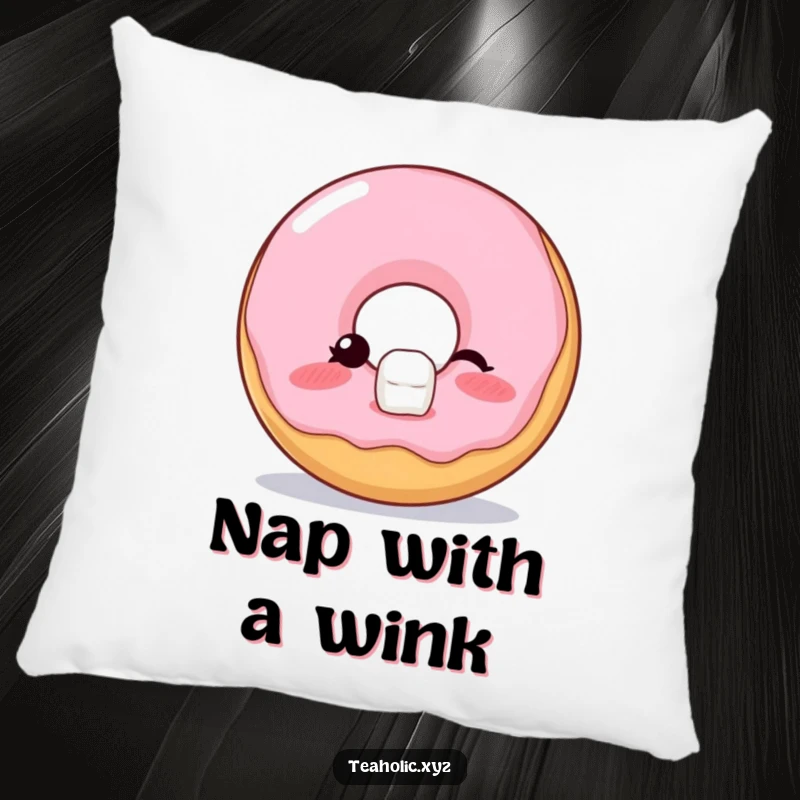 Funny Pillow showcasing a blushing donut winking while balancing a sugar cube, offering comfort and whimsical cheeky decor.