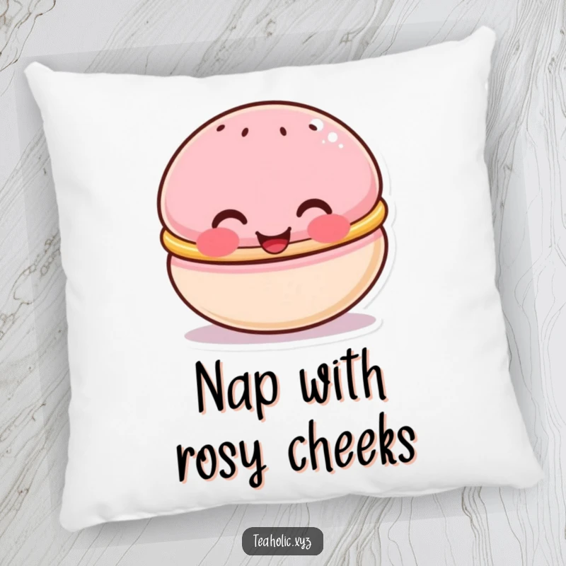 Funny pillow with a cute macaron character with rosy cheeks, beaming happily, perfect for cozy and sweet comfort.