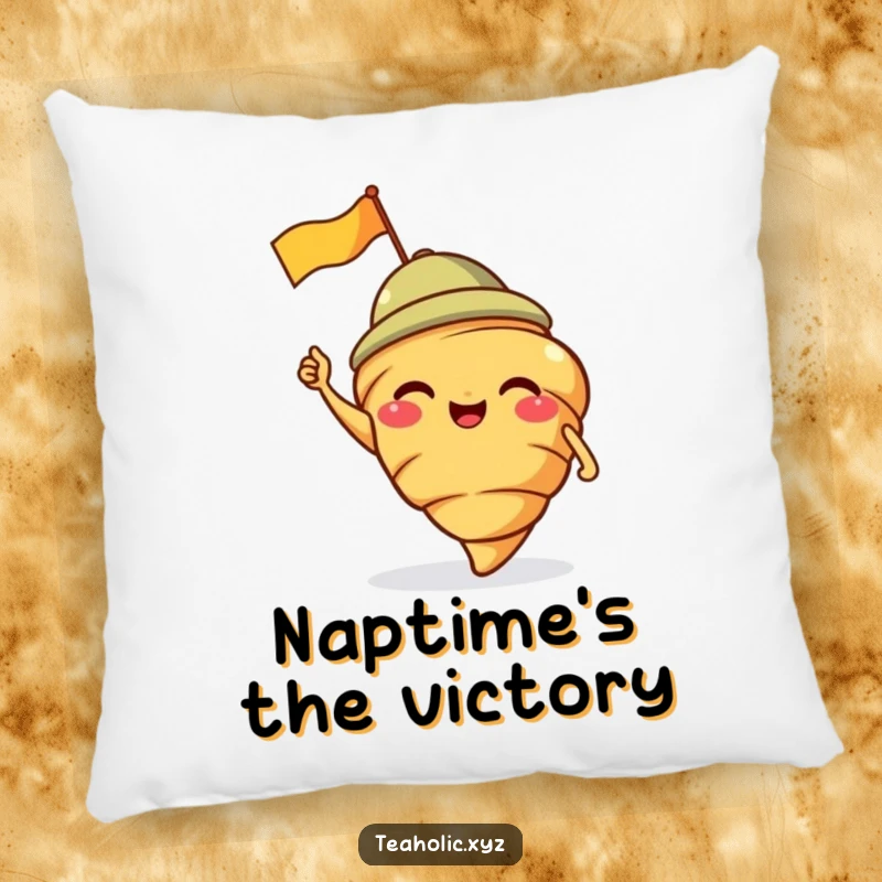 Funny pillow featuring a giggling croissant in a jaunty cap waving a flag, offering soft comfort and cheer.