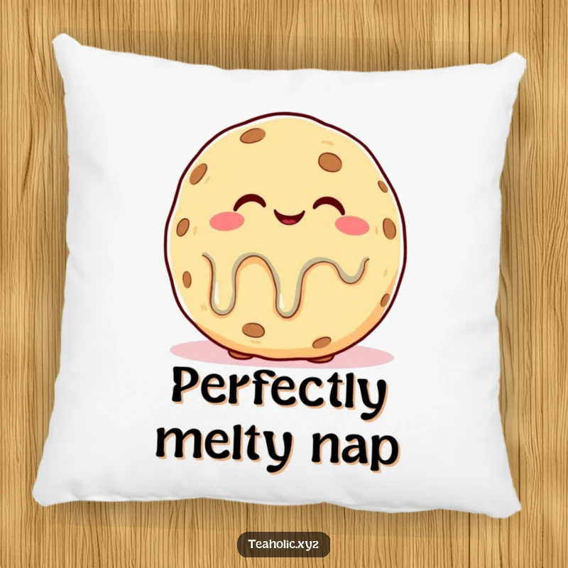 Funny pillow featuring a plump cookie character with a blissful, slightly melting expression, offering ultimate cozy comfort.