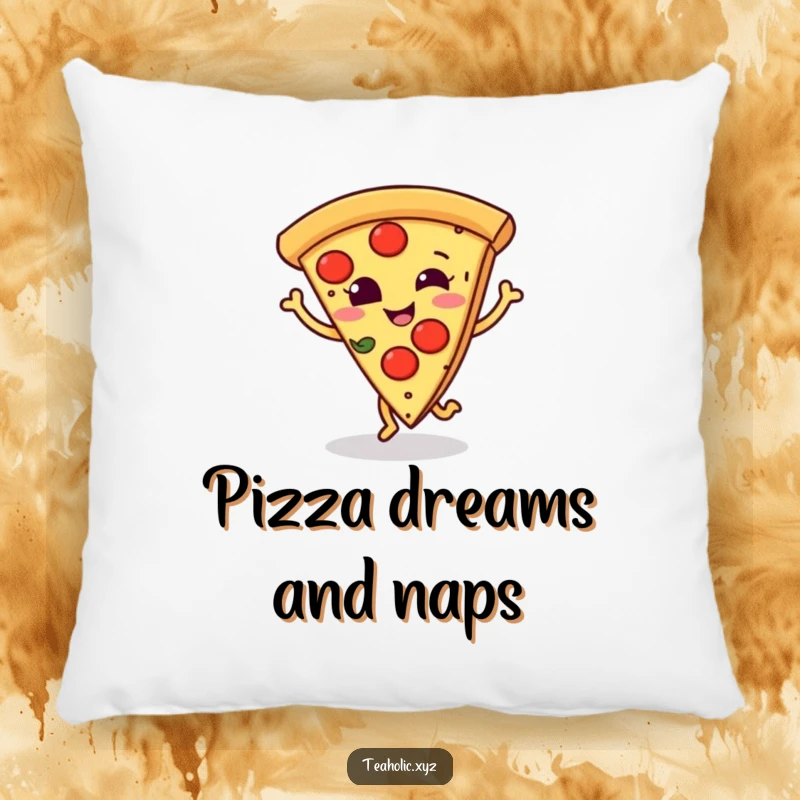 Funny pillow with a smiling pizza slice doing a little dance step, perfect for cozy and fun comfort.
