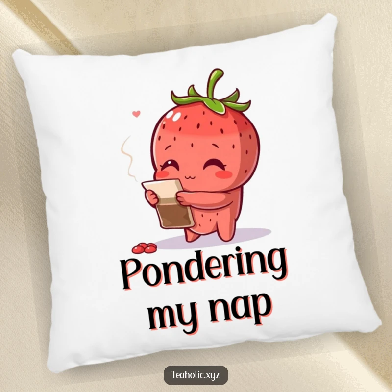 Funny curious strawberry with arms crossed, inspecting a teabag, a soft and humorous pillow.