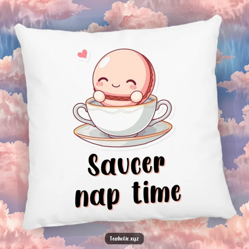 Funny blissful macaroon character floating on a tea saucer on a soft and comfortable pillow.