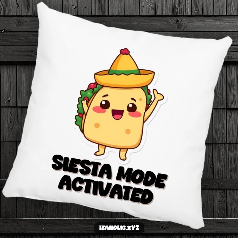 Funny pillow with a taco character joyfully waving a tiny sombrero, perfect for festive and cozy comfort.