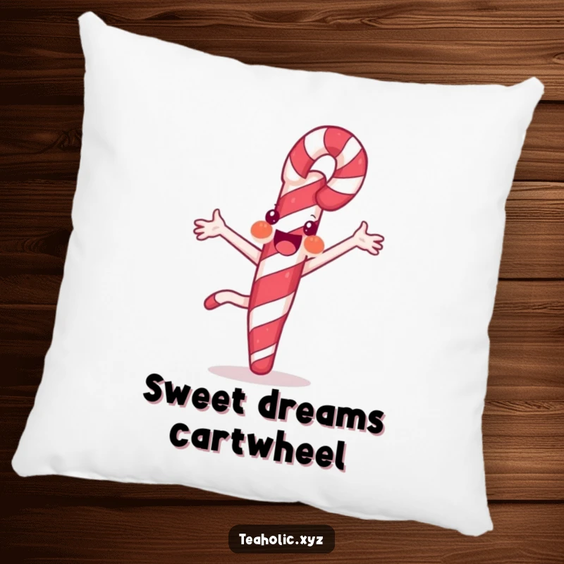 Funny pillow featuring a joyful candy cane doing a cartwheel with striped flair, providing sweet comfort and holiday cheer.