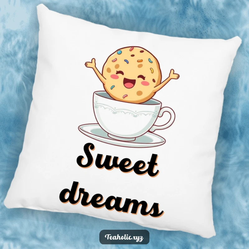 Funny pillow with a delighted cookie with sprinkles jumping excitedly in a teacup, adding soft humor to decor.
