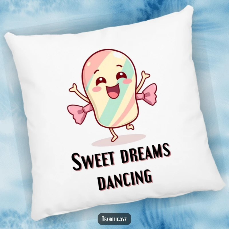 Funny pillow featuring a cheerful candy with its wrapper dancing energetically, offering soft comfort and a pop of playful sweetness.