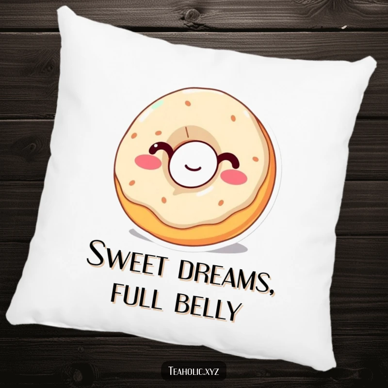Funny Donut Pillow: A wobbly donut with a happy expression takes a big sip, offering cozy and humorous companionship.