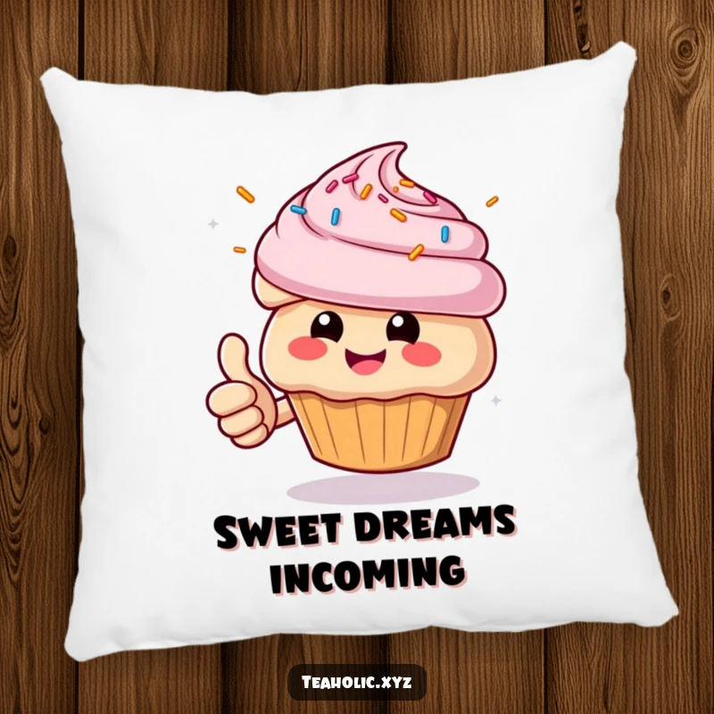 Funny Muffin Pillow: Cheerful character giving a thumbs up with sprinkles flying, a soft and humorous decorative accent.