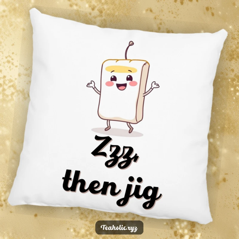 Funny smiling teabag character doing a lively jig on a soft and comfortable pillow.