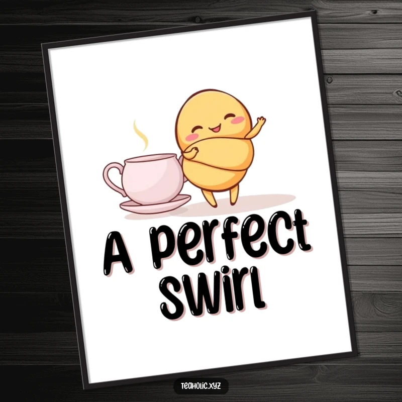 Funny croissant digital art print of a giggling croissant in a graceful twirl beside a teapot, bringing instant whimsical charm and humor.