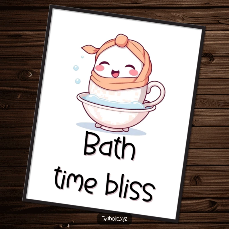 Funny happy teacup character with a handle-scarf winking as it dips into a bubbly bath, available as a digital art print.