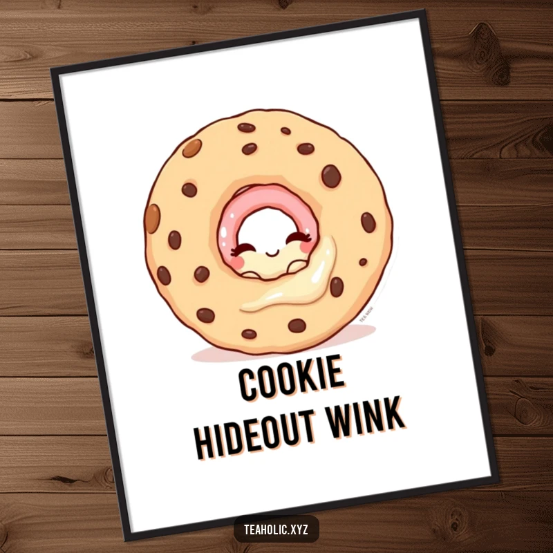 Funny digital art print of a winking donut character peeking from behind a giant cookie, adding playful charm.