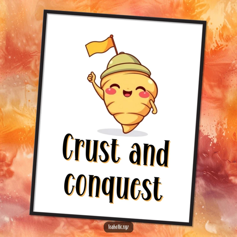 Funny digital art print of a giggling croissant with a jaunty cap waving a flag, bringing instant cheer.