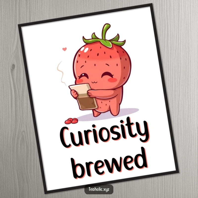 Funny curious strawberry with arms crossed, inspecting a teabag, available as digital art.