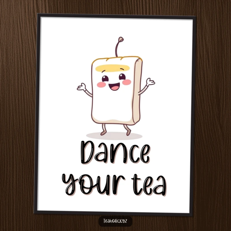 Funny smiling teabag character doing a lively jig, available as a high-resolution digital art file.