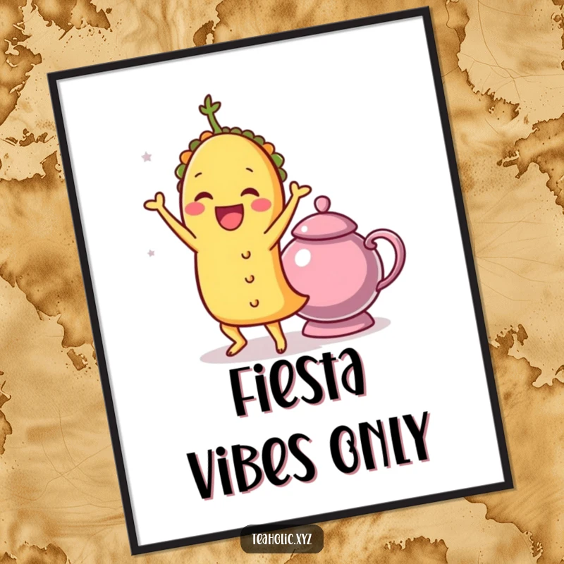 Funny taco doing a joyful shimmy next to a teapot, as downloadable and humorous digital art.