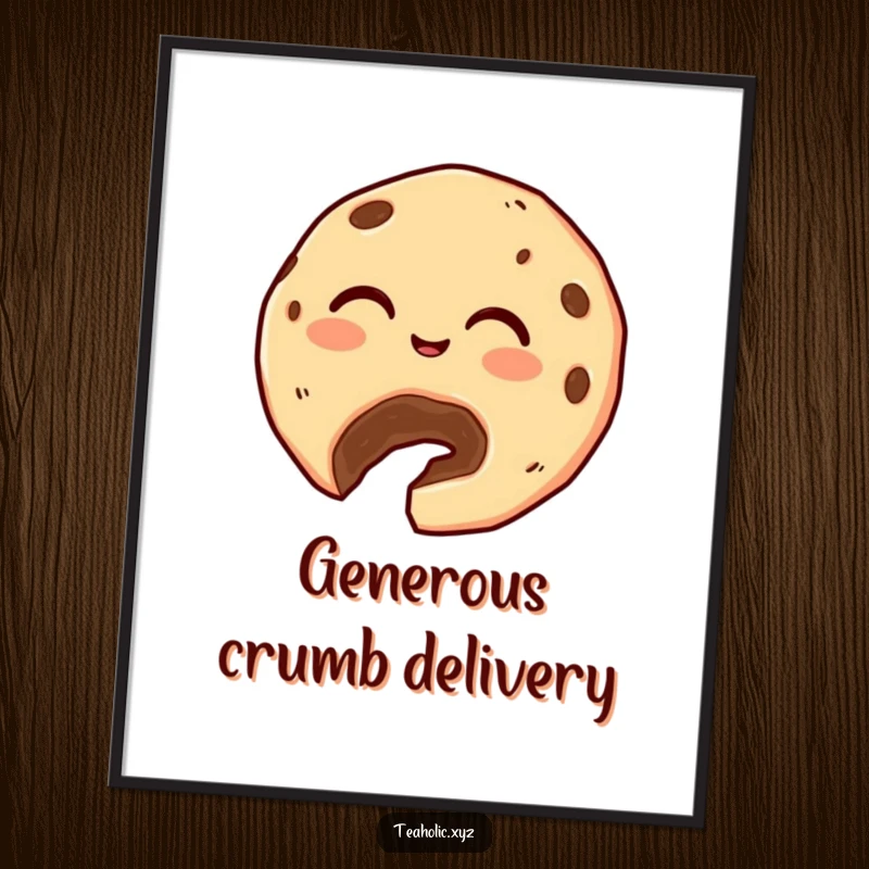 Funny Cookie Digital Art Print: A giggling cookie with a bite taken out generously offers a crumb, radiating sweet and humorous charm.