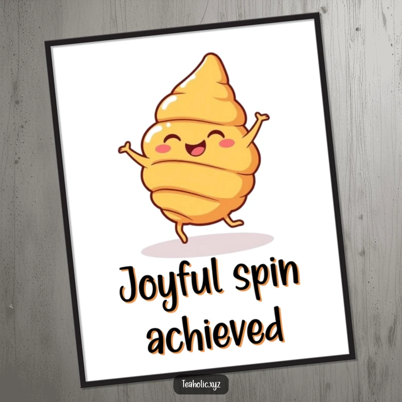 Funny Digital Art Print of a cheerful croissant with legs, captured mid-spin, perfect for instant download and delightful decor.