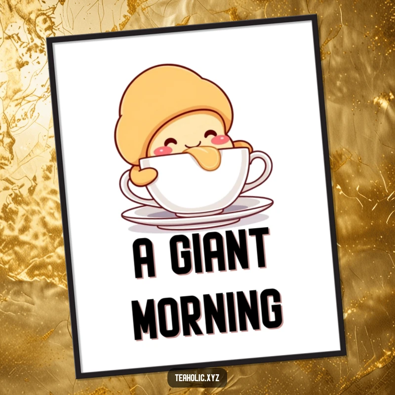 High-resolution smiling croissant character, taking a huge sip from a teacup, instant wall art.