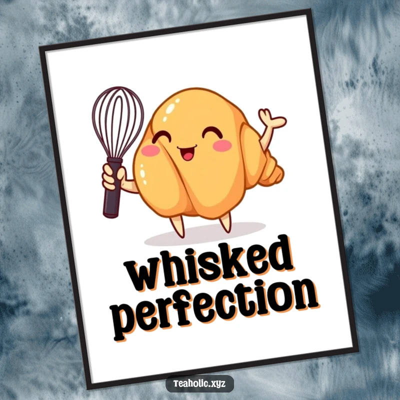 Funny digital art print of a whimsical croissant enthusiastically waving a mini whisk, adding a charming and humorous touch to digital decor.