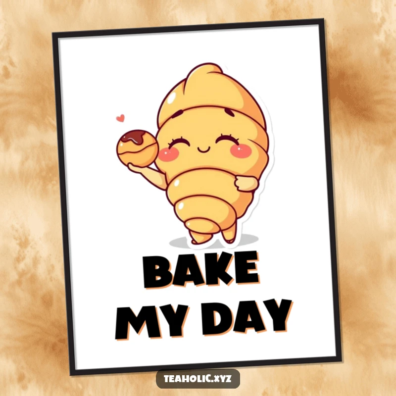 Funny Croissant Digital Art: A winking croissant character presents a delicious mini pastry, capturing a moment of sweet charm and playful invitation.