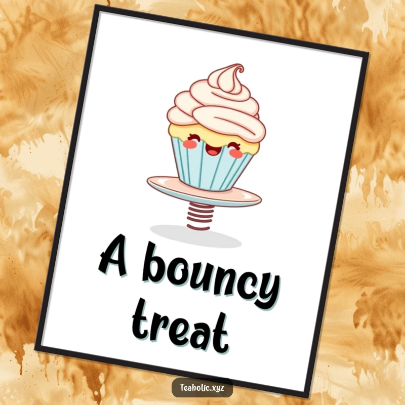 Funny digital art print of a giggling cupcake character bouncing on a springy saucer, adding a cheerful and humorous touch to digital decor.