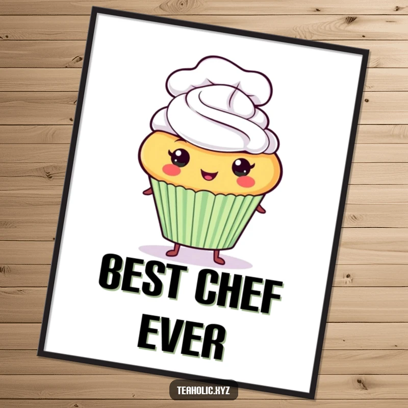 Funny proud cupcake character wearing a tiny chef hat, available as a high-resolution digital art file.