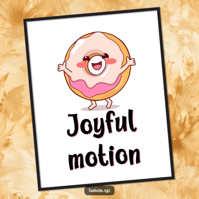 Funny digital art of a smiling donut character happily doing a little dance, with sprinkles and icing details.