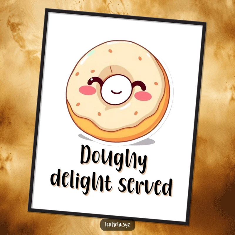 Funny Donut Digital Art Print: A wobbly donut with a happy expression takes a big sip, radiating sweet and humorous charm.
