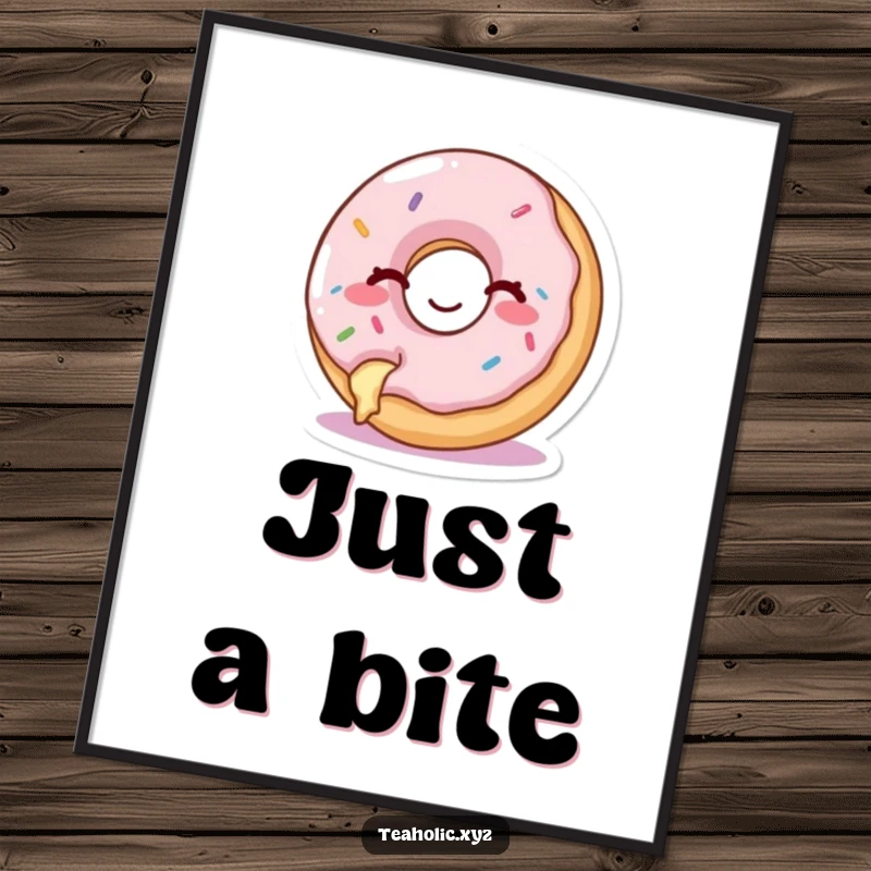 Funny digital art print of a happy donut with a bite taken out, winking cheekily, ideal for decor.