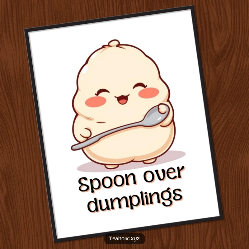 Funny digital art print of a proud dumpling with rosy cheeks holding a tiny spoon, offering instant charming foodie wall decor.