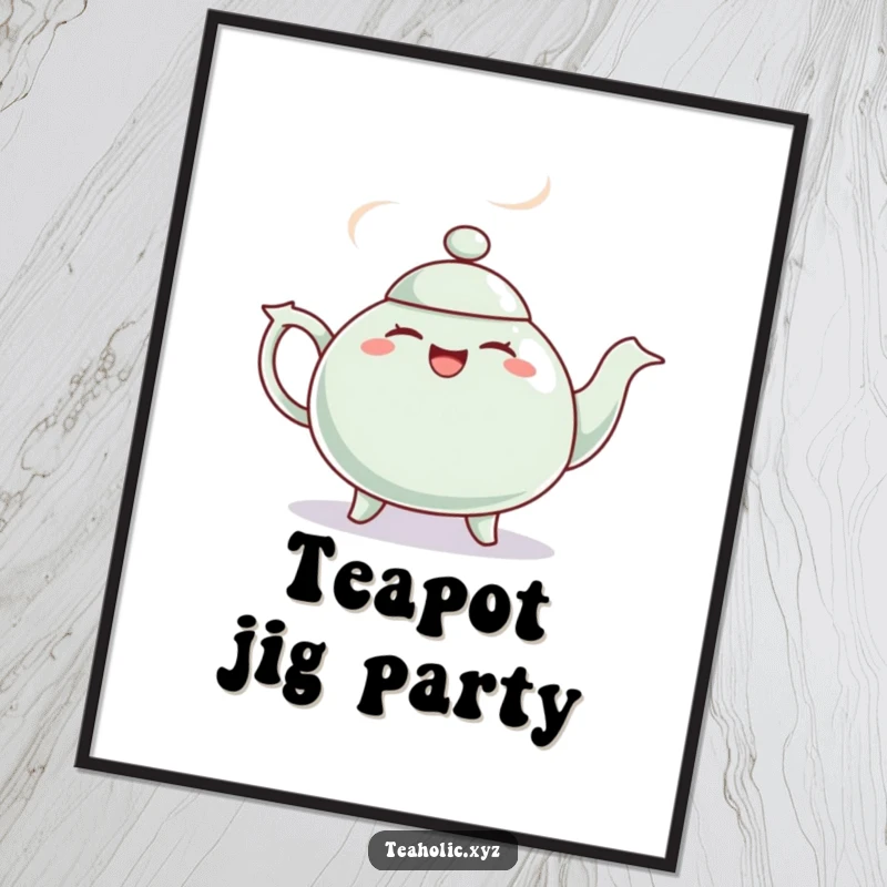 Funny digital art print of a giggling teapot with steam puffs dancing a jig, conveying instant energy and cheerful humor.